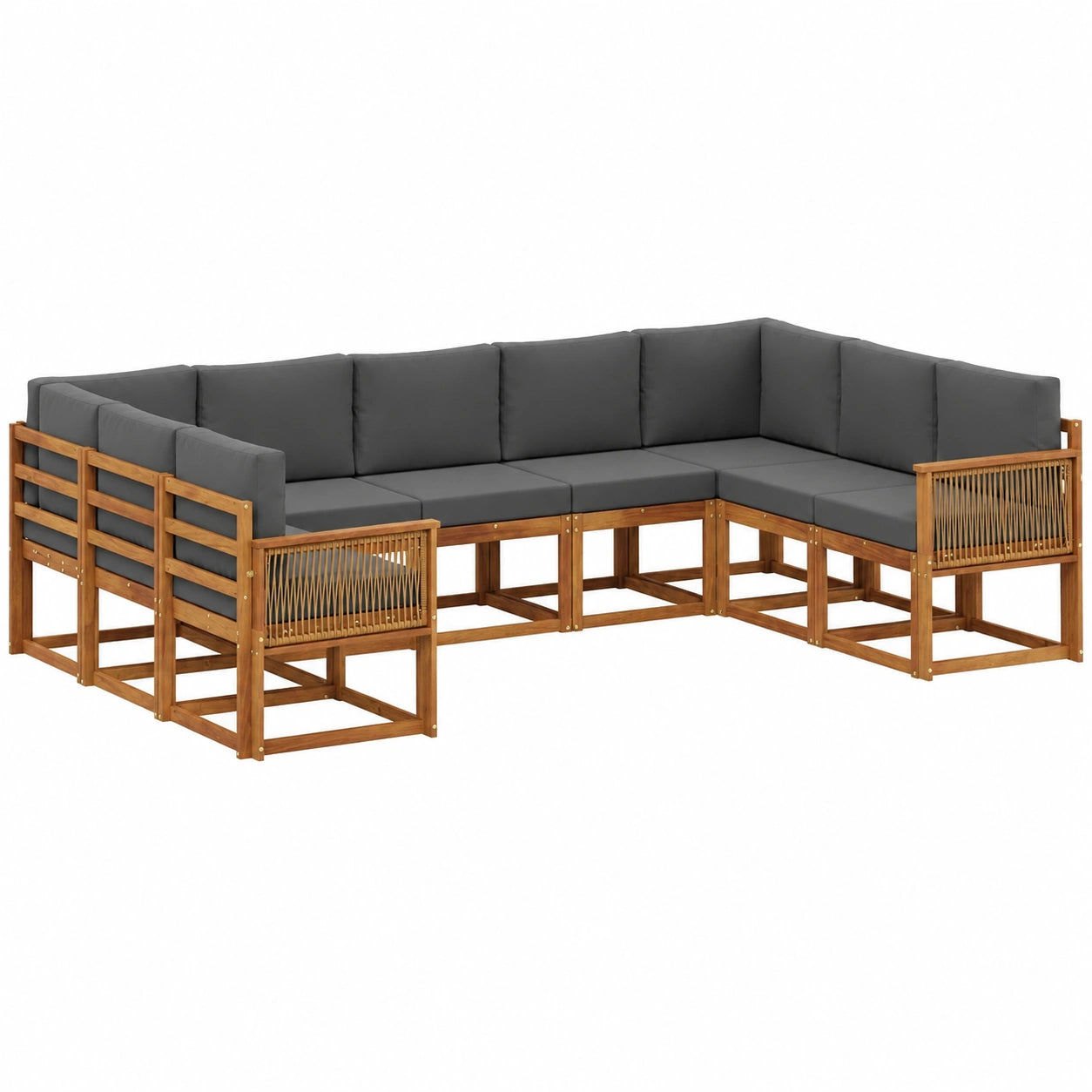 10-teilige Garten-Sofagarnitur aus Naturholz und Anthrazit mit Kissen, modernes Outdoor-Lounge-Set, wetterfeste Möbel