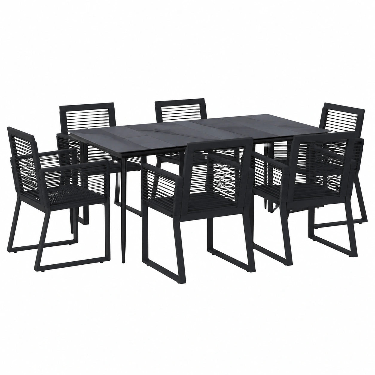Tidyard 7-tlg. Garten-Essgruppe mit Tisch und 6 Stühlen aus schwarzem PVC-Rattan