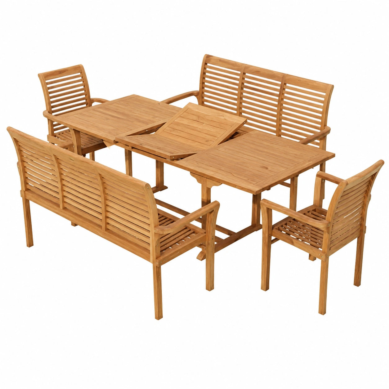 ALEOS. Teak Gartenmöbel-Set: Ausziehbarer Tisch 150-210 cm mit 2 Alpen-Stühlen und 2 Bänken 150 cm