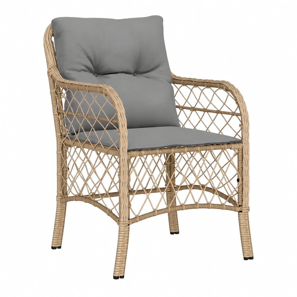 2er-Set Gartenstühle mit Kissen, Poly Rattan, pulverbeschichteter Stahlrahmen, Beigefarben