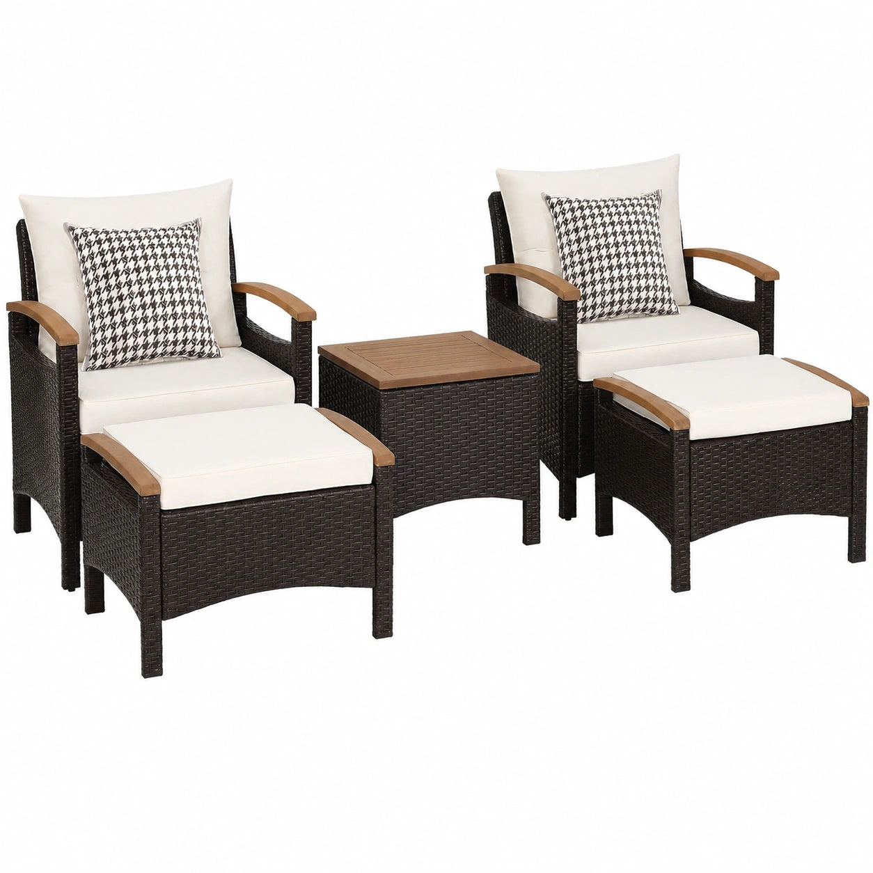 GIANTEX 5-teiliges Rattan Gartenmöbel-Set mit Hocker und Tisch, Outdoor Lounge Möbel für Balkon und Garten, Bequemes Rattan-Sessel-Set mit Kissen